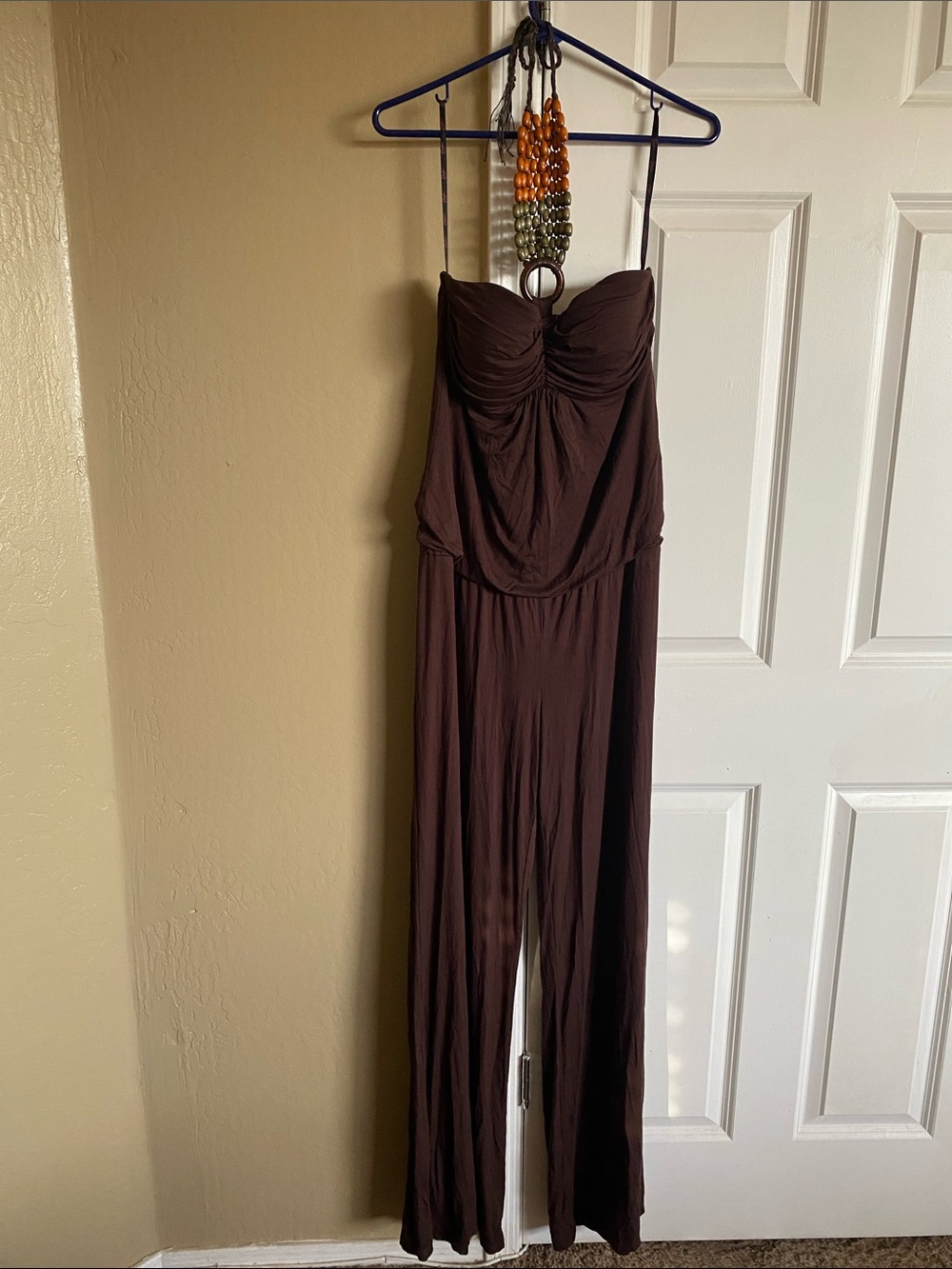 Candie’s Brown Beaded Halter Wide Leg Jumpsuit L Y2K Boho
